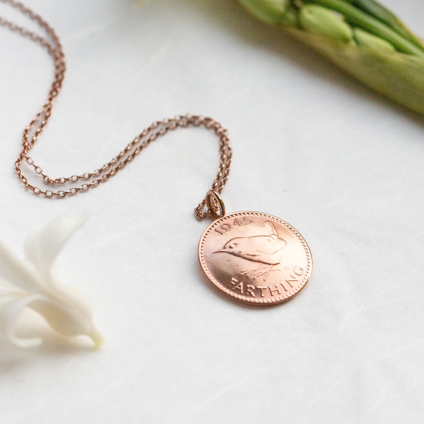 Bird necklace, bird charm, bronze bird pendant with real British coin and old vermeil chain.