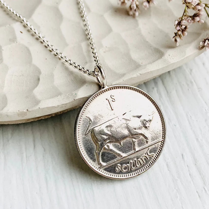 70th gifts for men or women, bull and harp Irish coin necklace