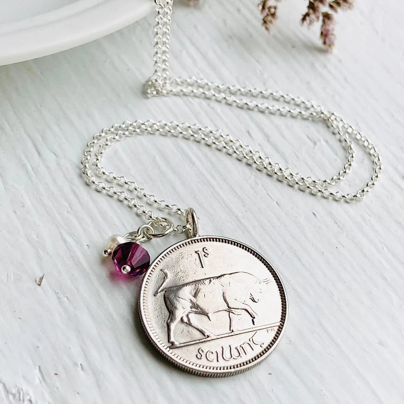 1954 70th Birthday bull and harp silver coin pendant necklace, 70th gifts for her