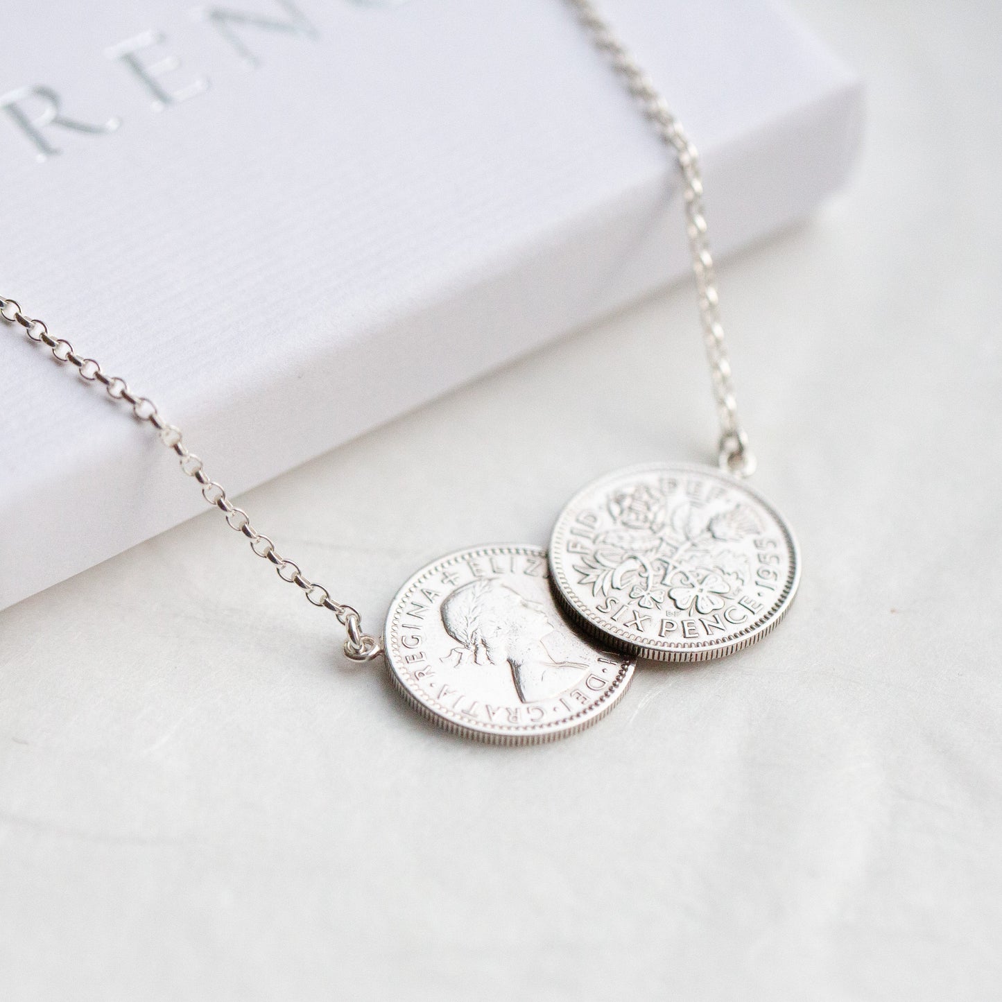 Double sixpence coin necklace, double pendant, 1955, 70th birthday gift