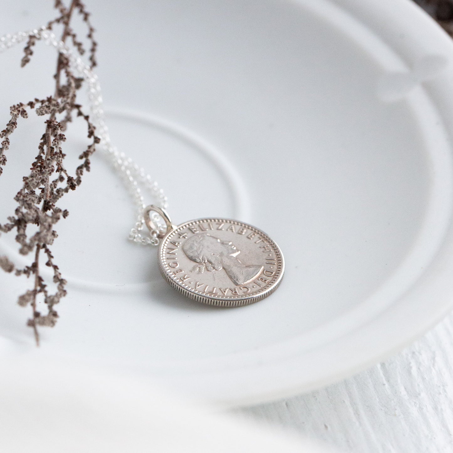 1955 Queen Elizabeth sixpence necklace, coin pendant, coin jewellery, sterling silver chain, 70th gifts