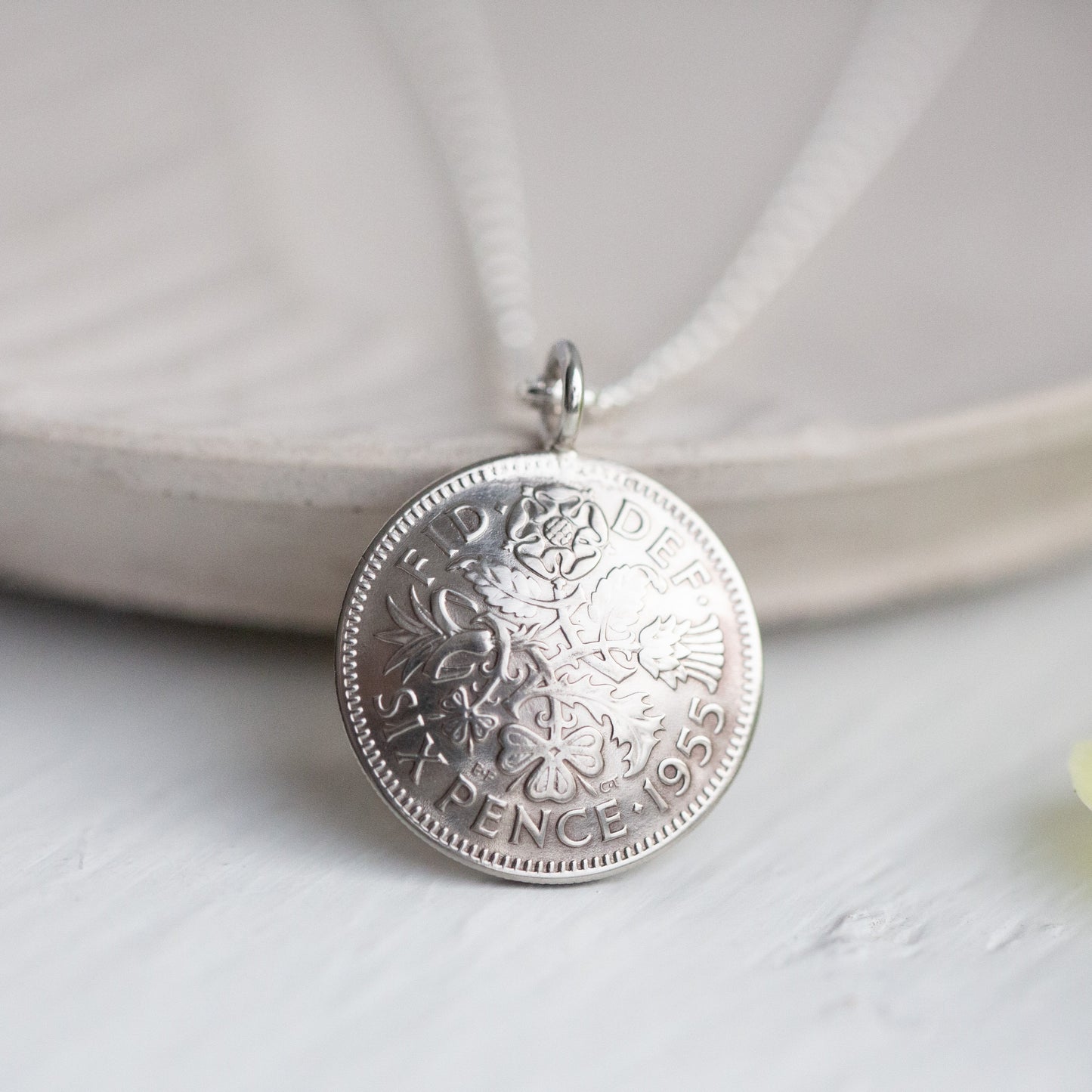Silver coin necklace, coin jewellery gifts for her, lucky sixpence 1955 for a 70th birthday.