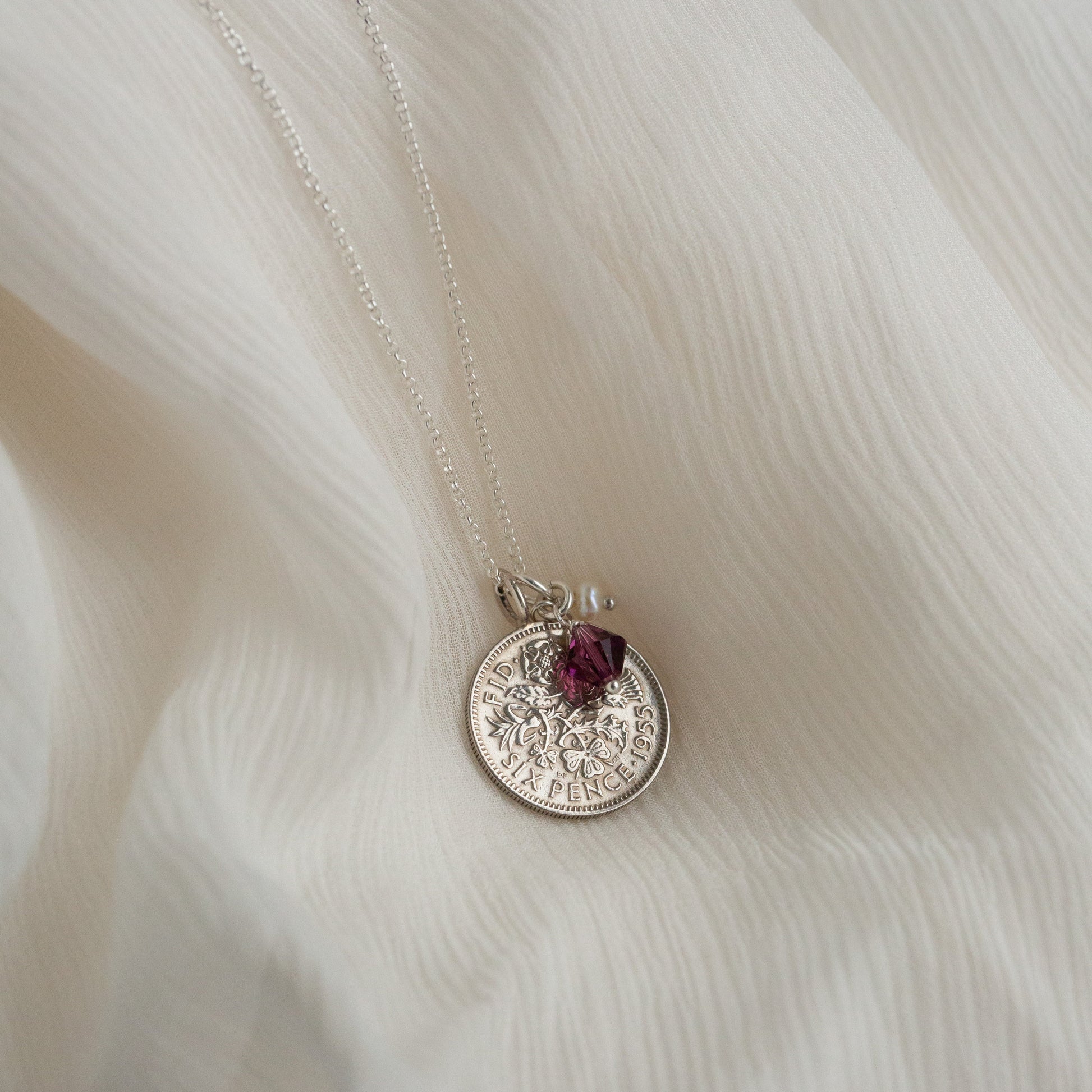 1955 real British sixpence pendant and February birthstone.