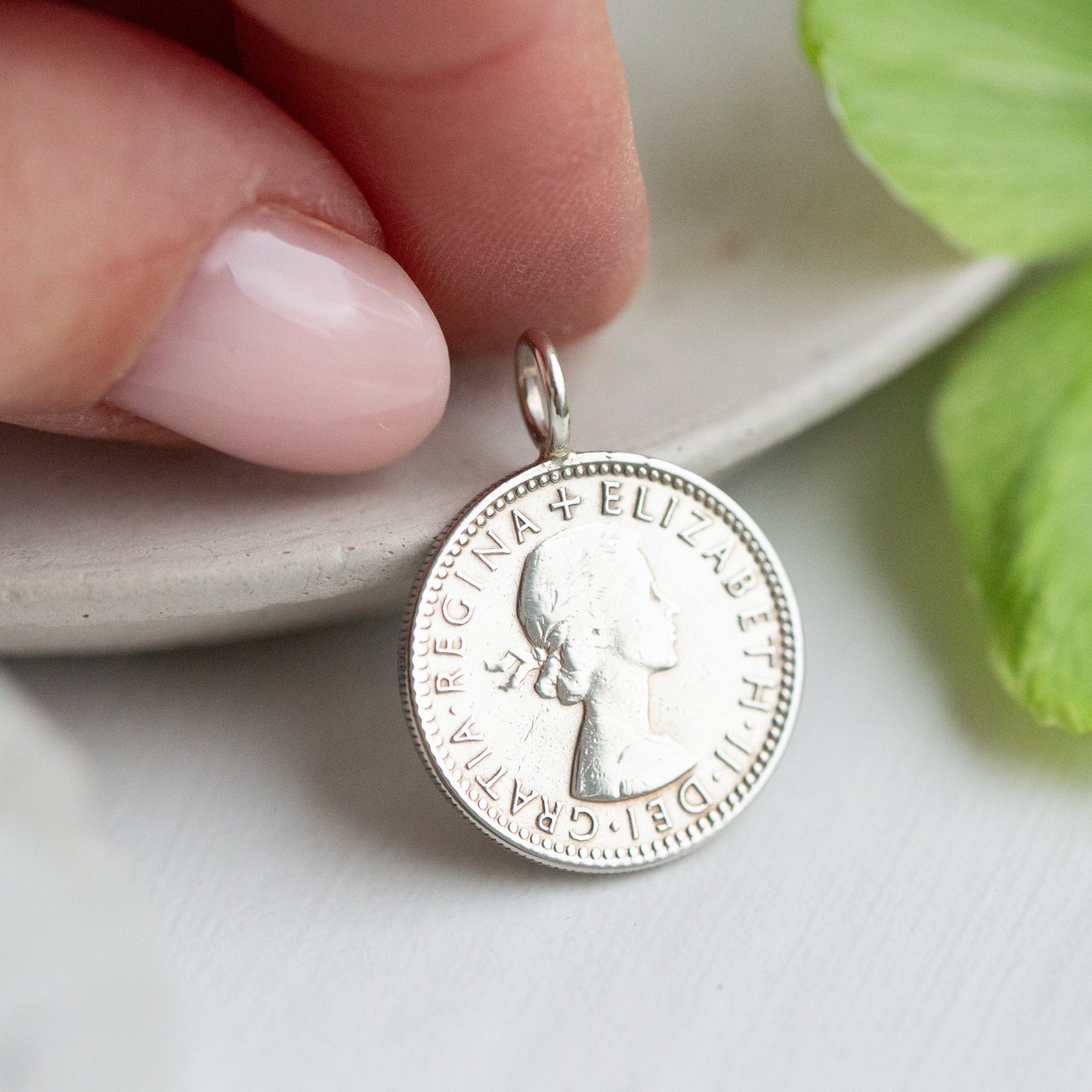 Queen Elizabeth II sixpence pendant charm
