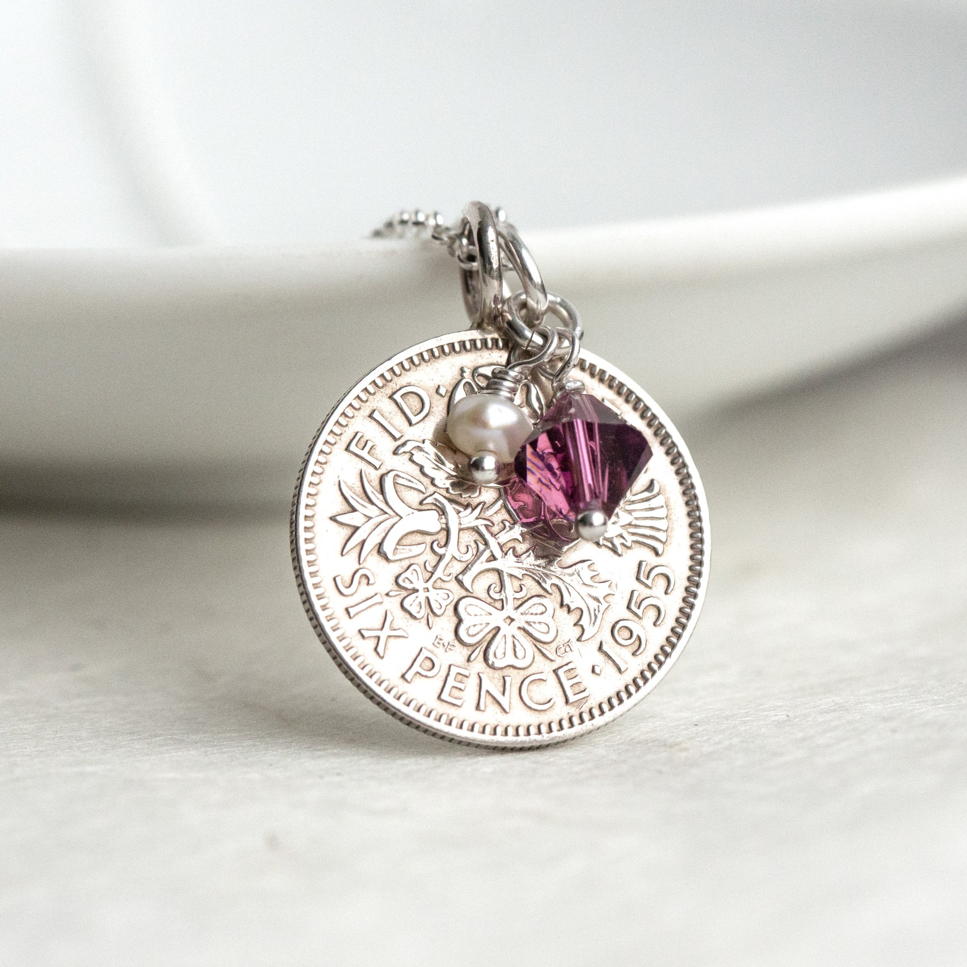 1955 dated British silver sixpence coin pendant and February birthstone with freshwater pearl and 925 chain