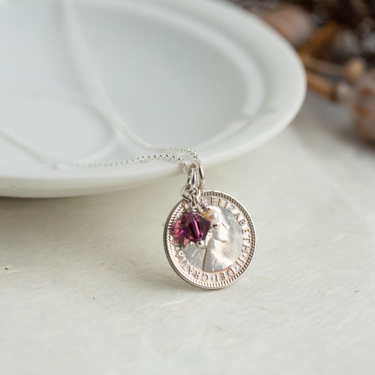 1955 dated British silver sixpence coin pendant and February birthstone with freshwater pearl and 925 chain