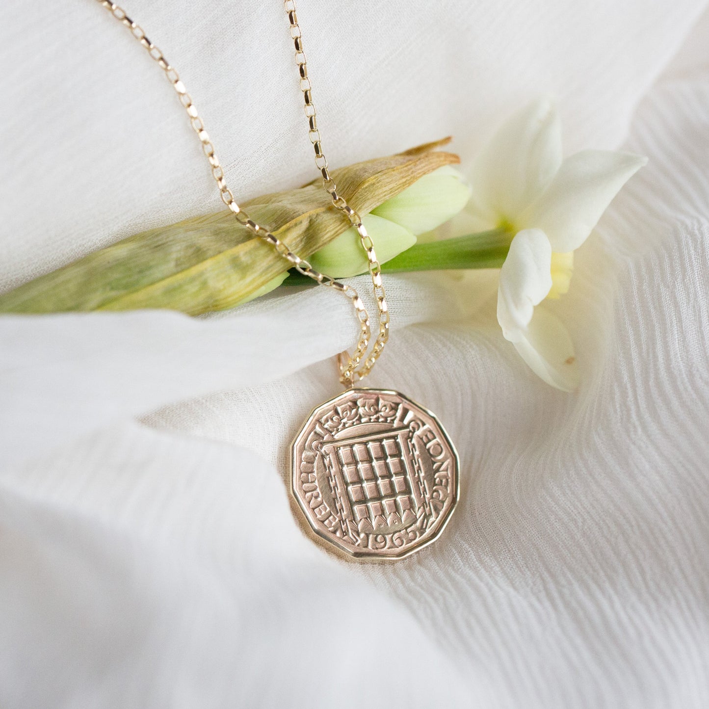 60th birthday or anniversary coin gifts for women and men. Solid gold chain with brass real British coin.