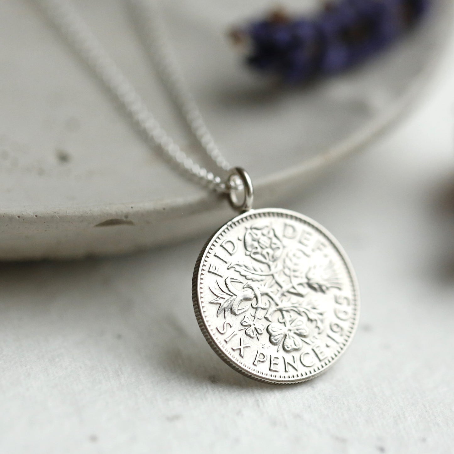 British sixpence dated 1965, silver coin pendant, sterling silver chain, 60th birthday gift.
