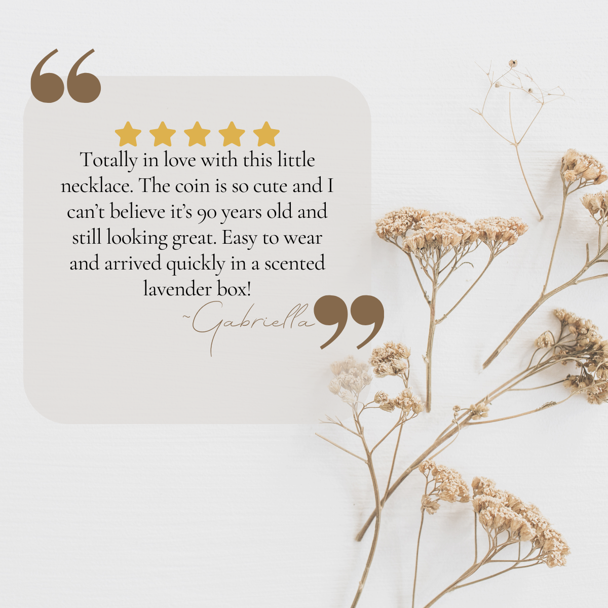 Review showing 5 stars. Totally in lovewith this little necklace. The coin is so cute and I can't believe it's 90 years old and still looking great. Arrived quickly.