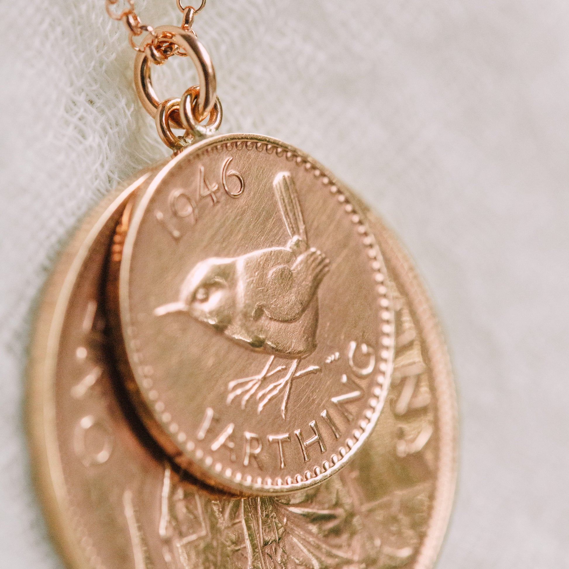 Rose gold coin necklace, penny and farting vintage coin jewellery.