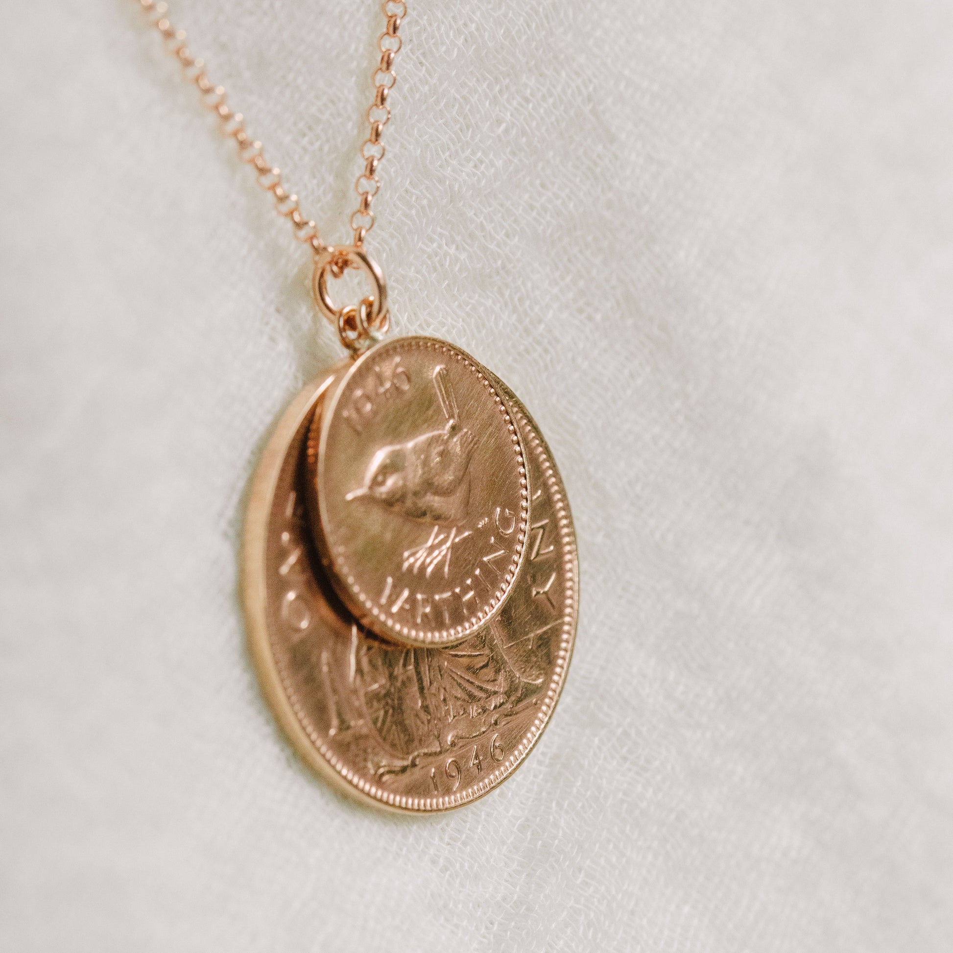Bronze coins, rose gold findings and chain. Penny at the back, farthing at the front. Double coin vintage coin jewellery necklace.
