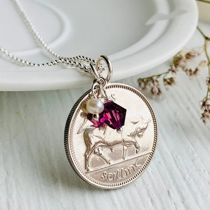 Silver Irish coin necklaces for women's 70th birthday, made by Prenoa
