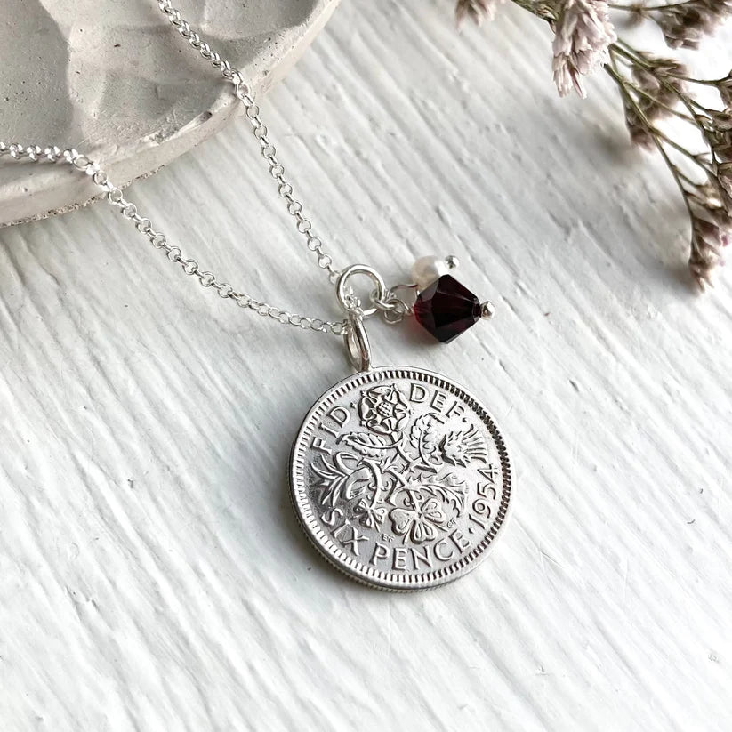 1954 silver coin necklace, garnet birthstone and pearl charm necklace with sterling silver