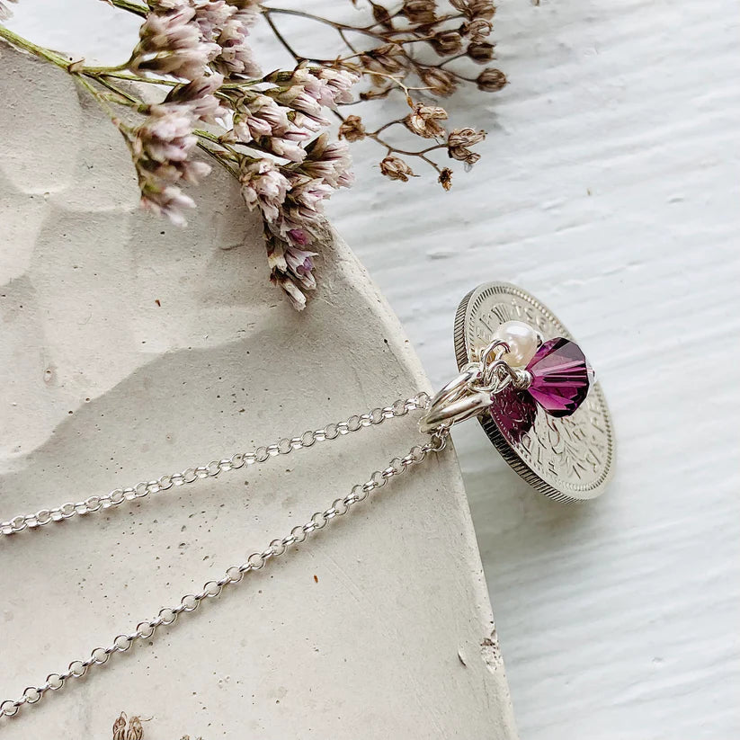 British coin pendants using real coins, February birthstones and sterling silver