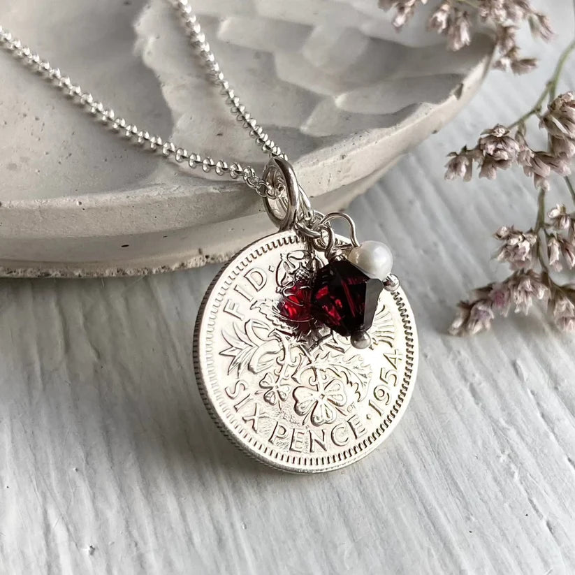 British sixpence pendant necklace with sterling silver and birthstone - ideal 70th gift