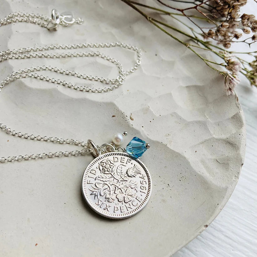 70th birthday 1954 British coin pendant necklace, March charm
