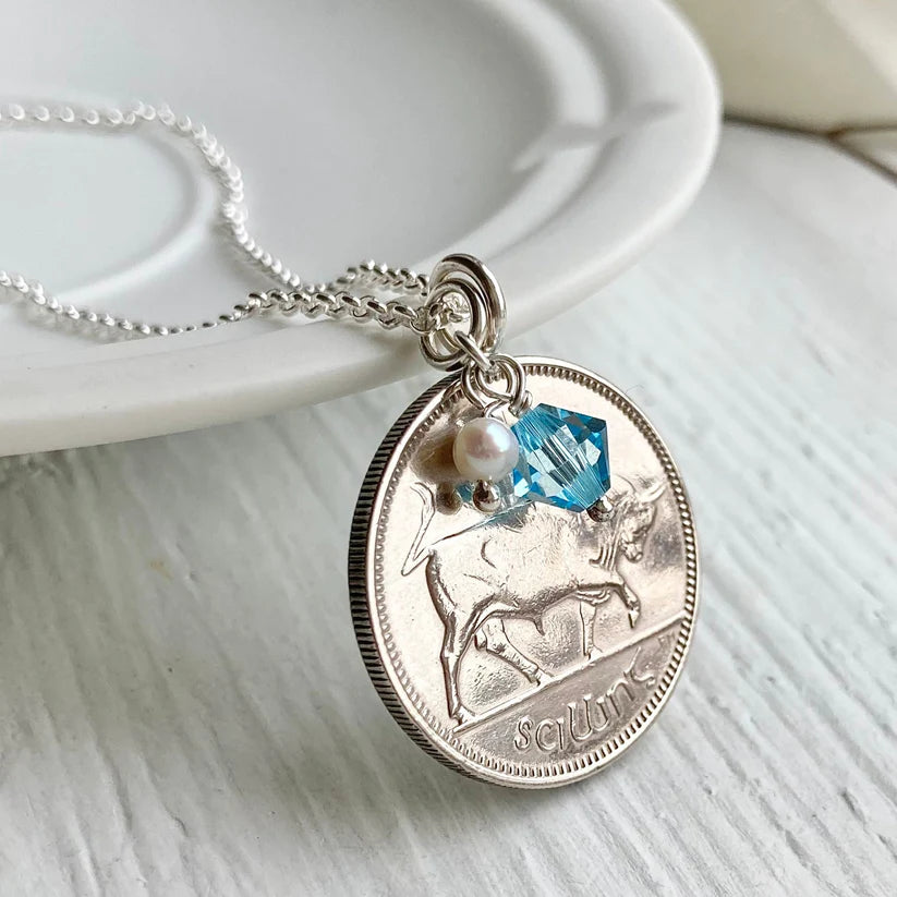 Silver Irish Coin Necklace for 70th Birthday, Coin Birthstone Pendant Gift for Her