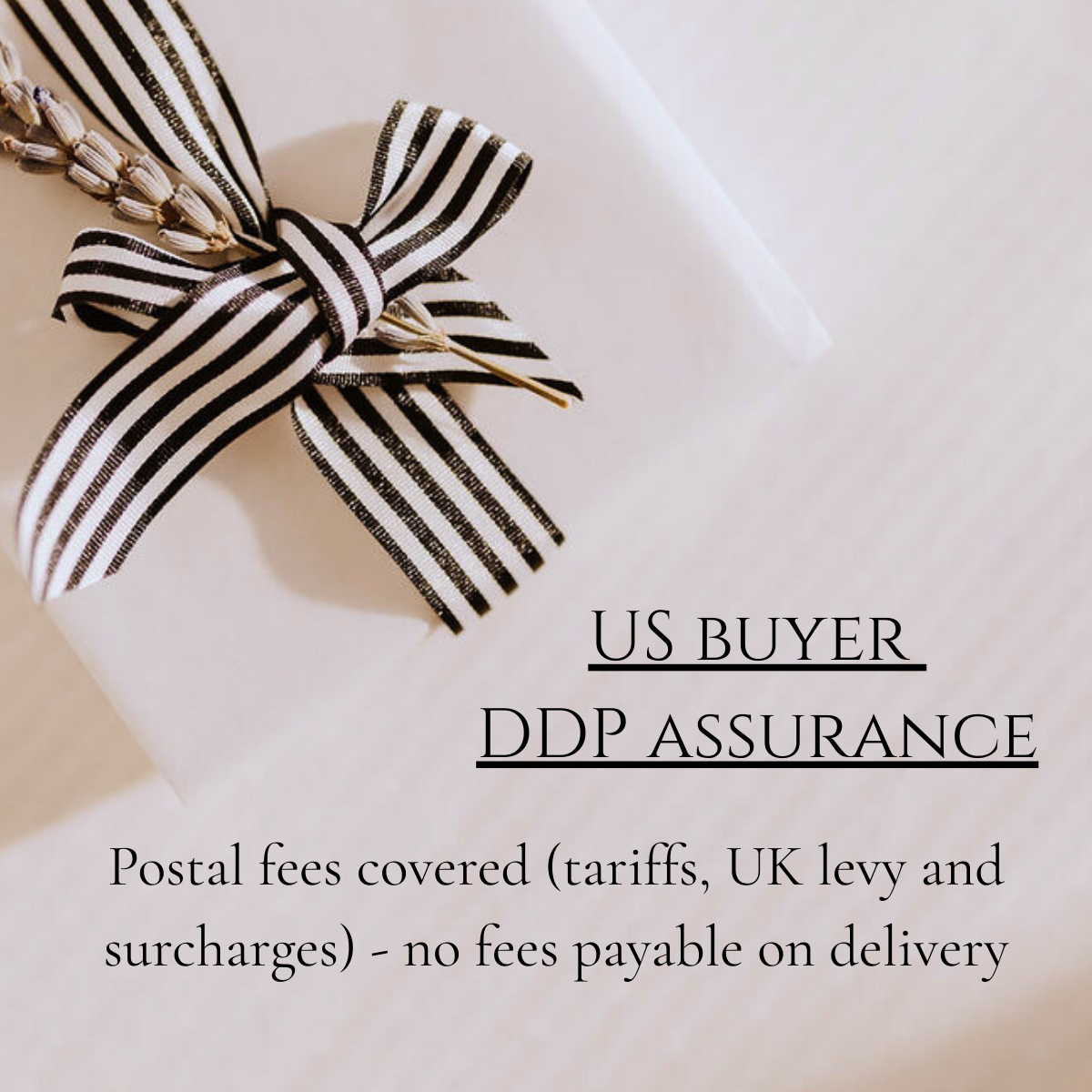 Striped ribbon on a white box with text about DDP assurance and postal fees.