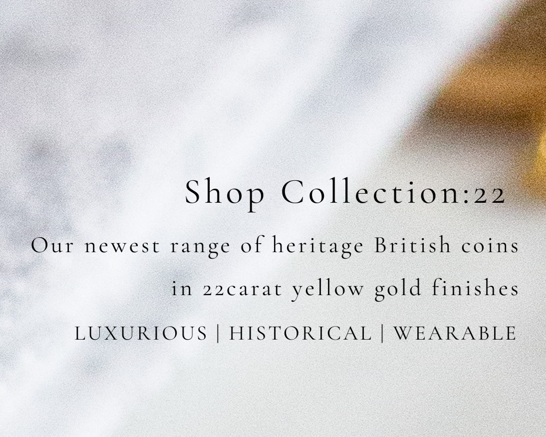 Text advertisement for a collection of heritage British coins in gold finishes on a blurred background.