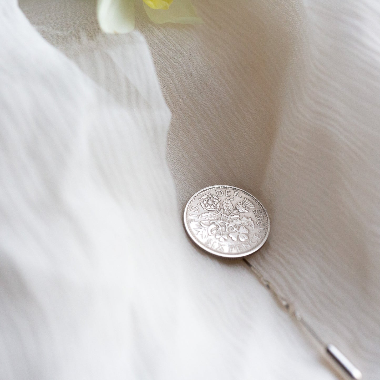 British silver coin brooch, pin, stick pin, hat pin charm.