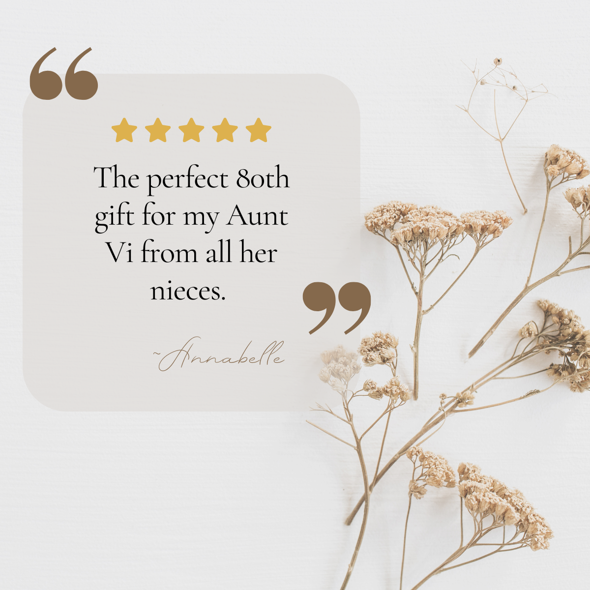 Card with text 'The perfect 80th gift for my Aunt Vi from all her nieces.' and decorative flowers on a light background.