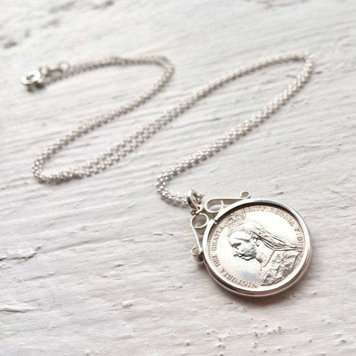 1887 Queen Victoria Sixpence Scroll Necklace - Sterling Silver