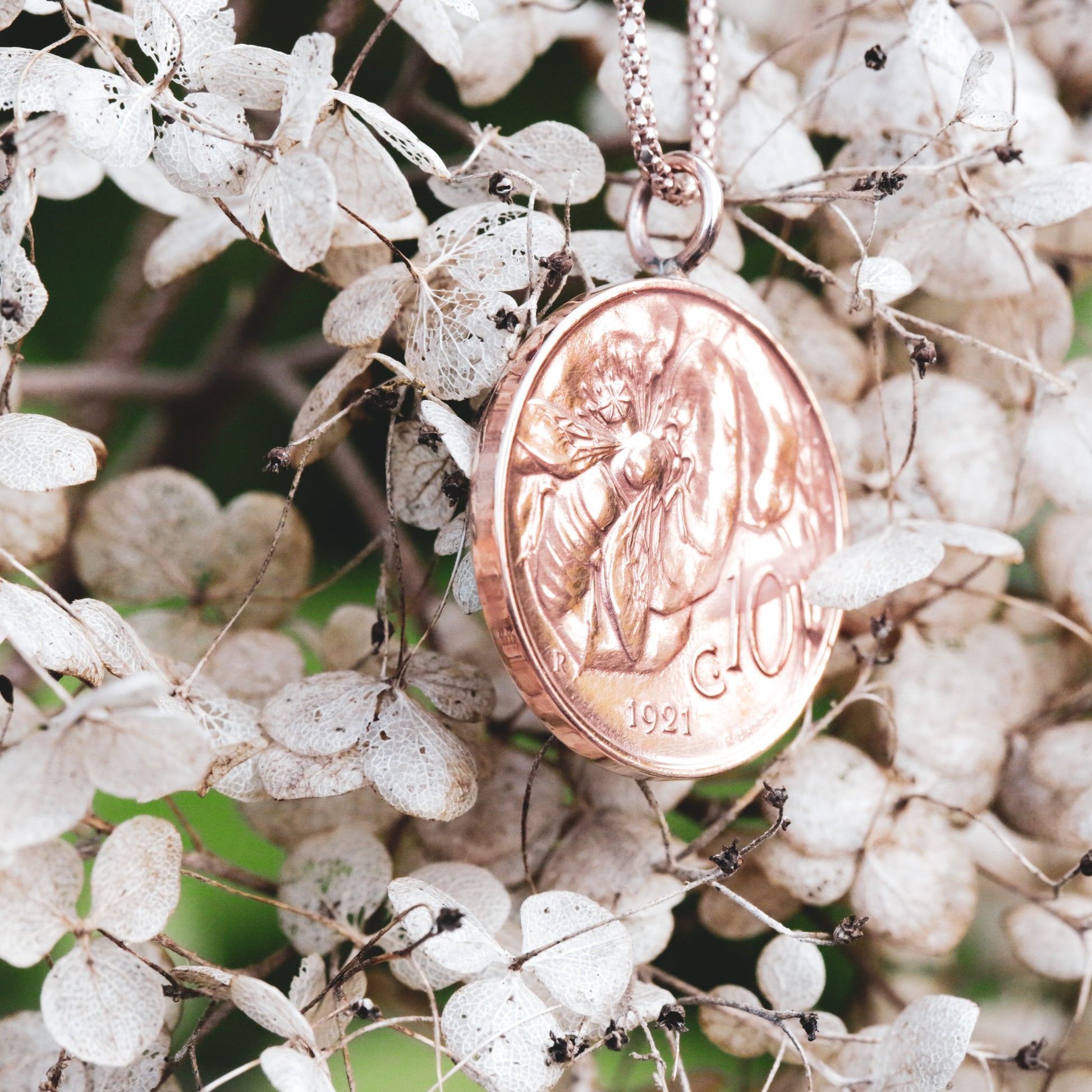 1921 Bee coin, showing a honey bee and poppy flower with the 10c mark and date 1921. Copper coin, rose gold bail, rose gold chain. Rose gold gifts for her. Heirloom jewellery. 
