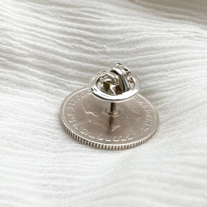 1930 silver sixpence pin brooch, tie tack gift for men and women