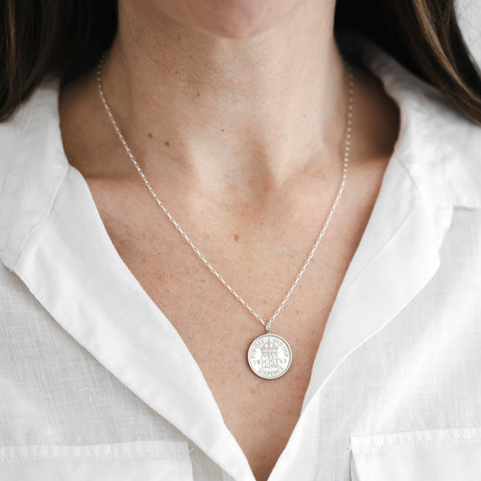 1945 sixpence necklace for 80th birthday with birthstone and pearl