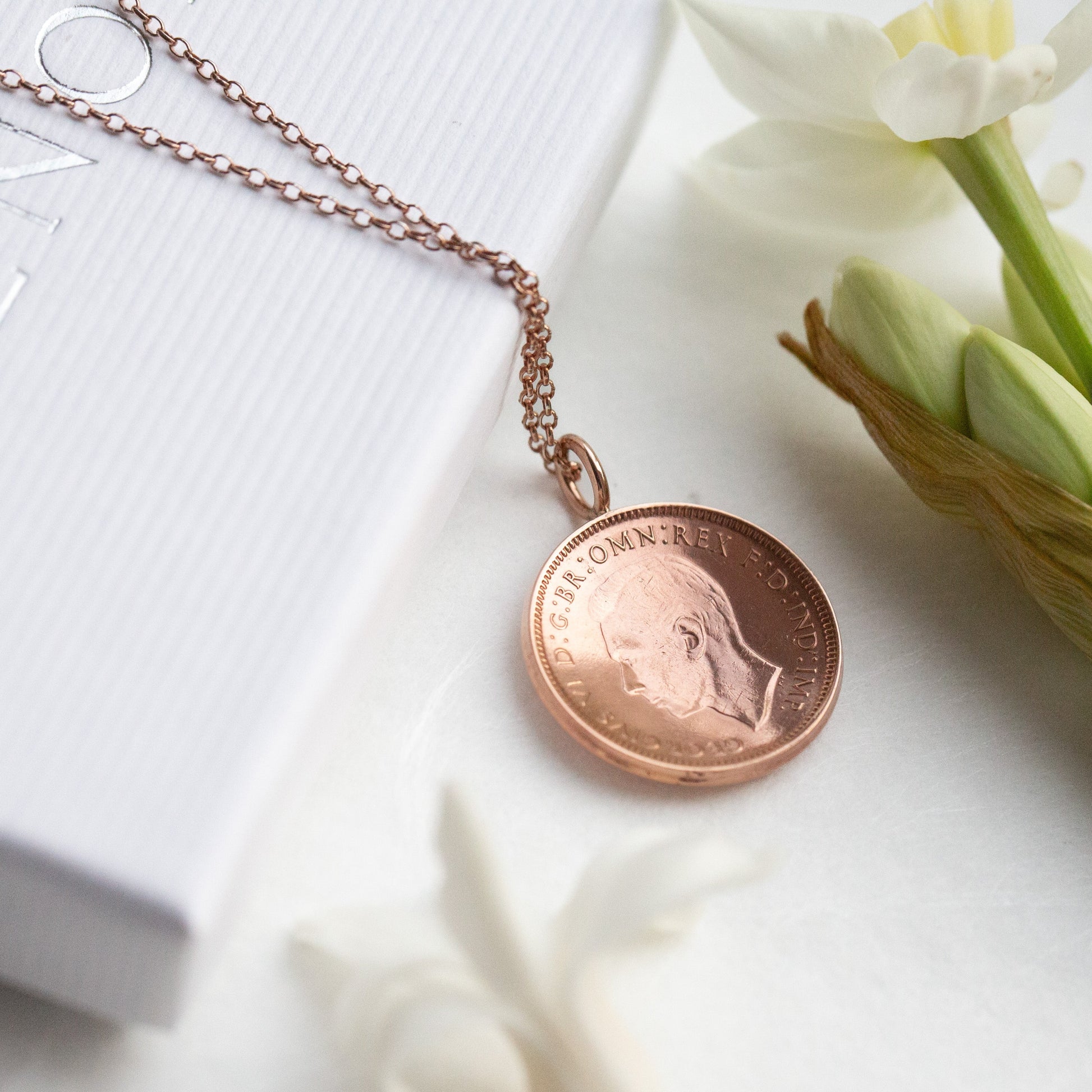 Farthing pendant necklace for an 80th birthday gift, bronze and rose gold coin necklace. 