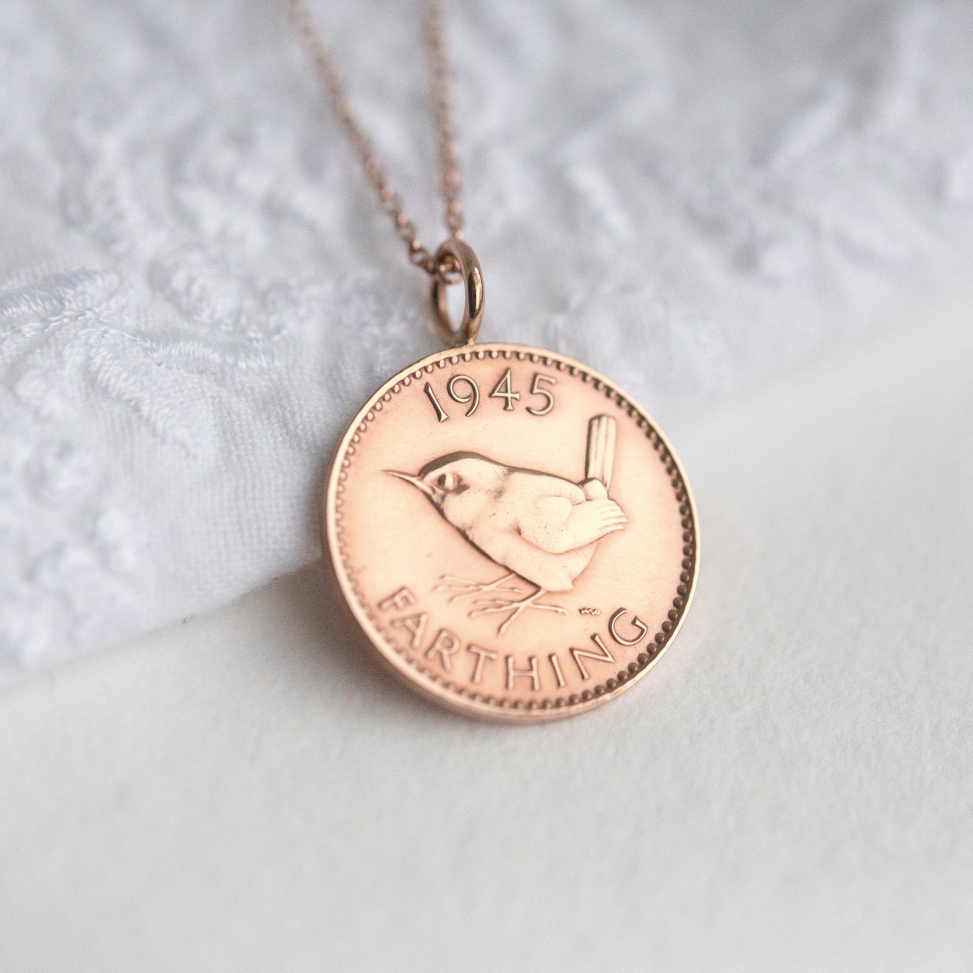 80th gifts, bronze farthing rose gold necklace, coin pendant and coin jewellery.