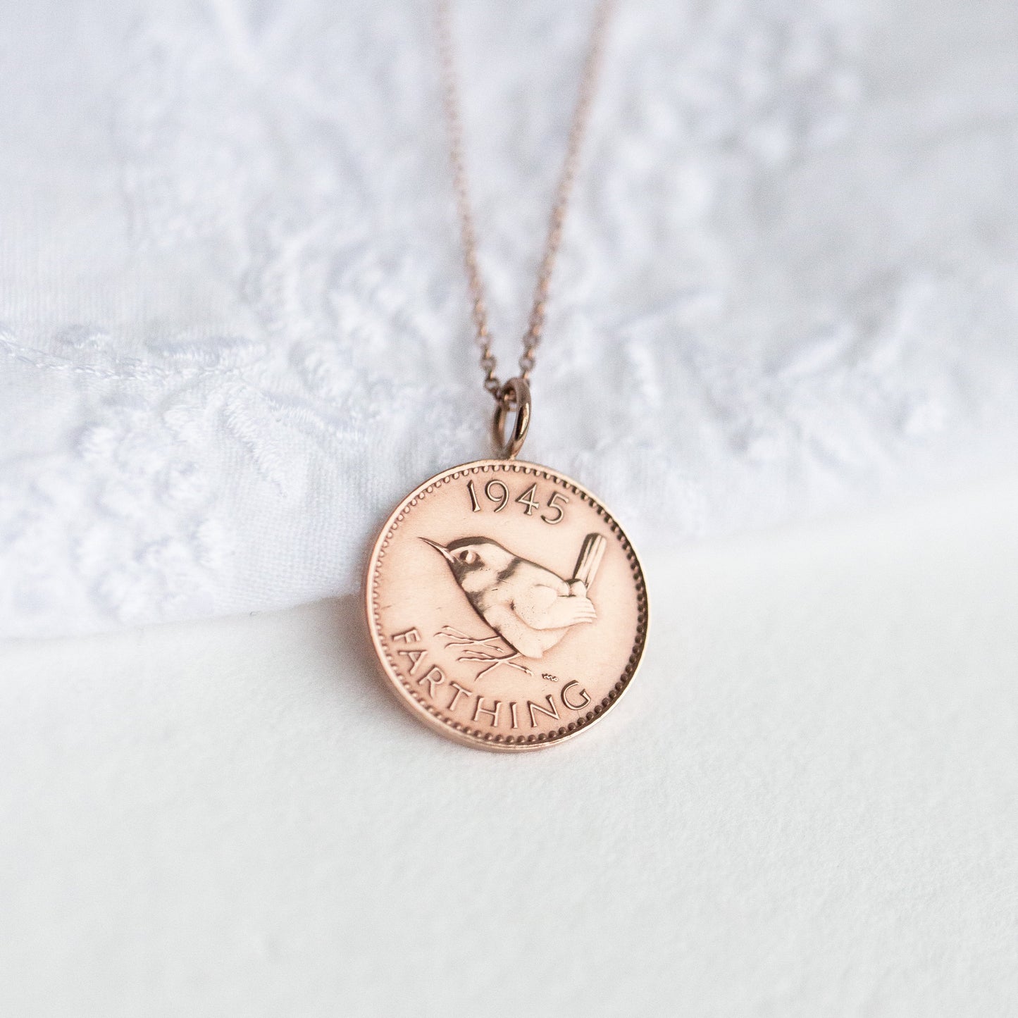 Bronze rose gold farthing necklace, coin jewellery gifts for her 80th.