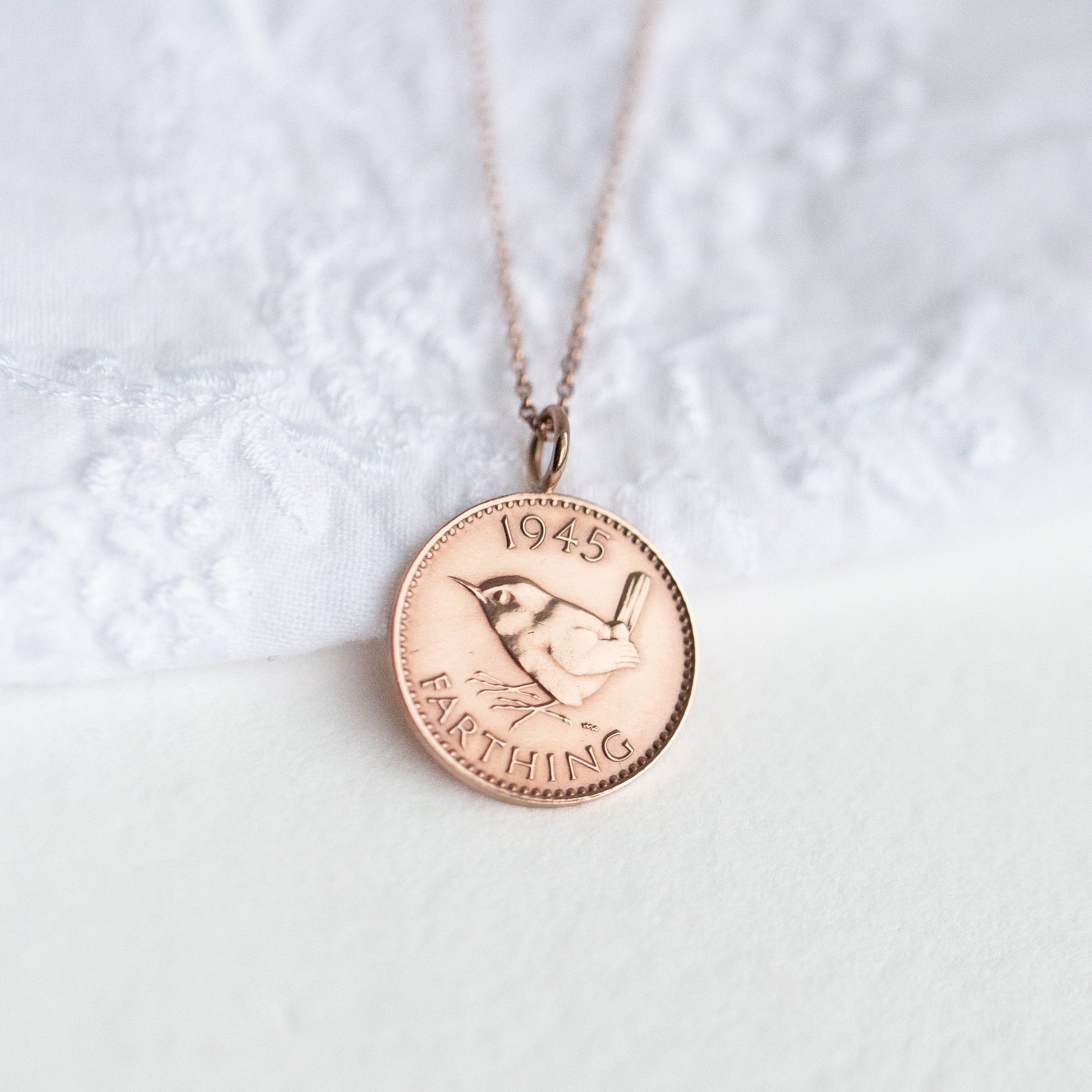 Bronze rose gold farthing necklace, coin jewellery gifts for her 80th.