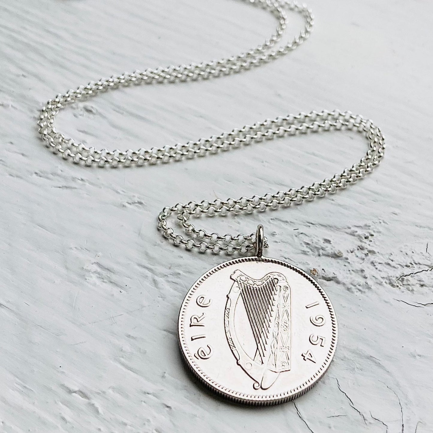 1954 Harp Silver Coin Necklace - Celtic 70th birthday jewellery for men and women by Prenoa in Stamford UK.
