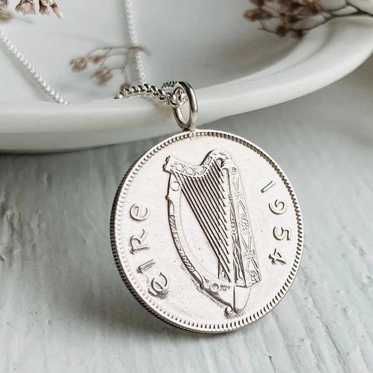 Eire coin necklace for 70th birthday with sterling silver chain
