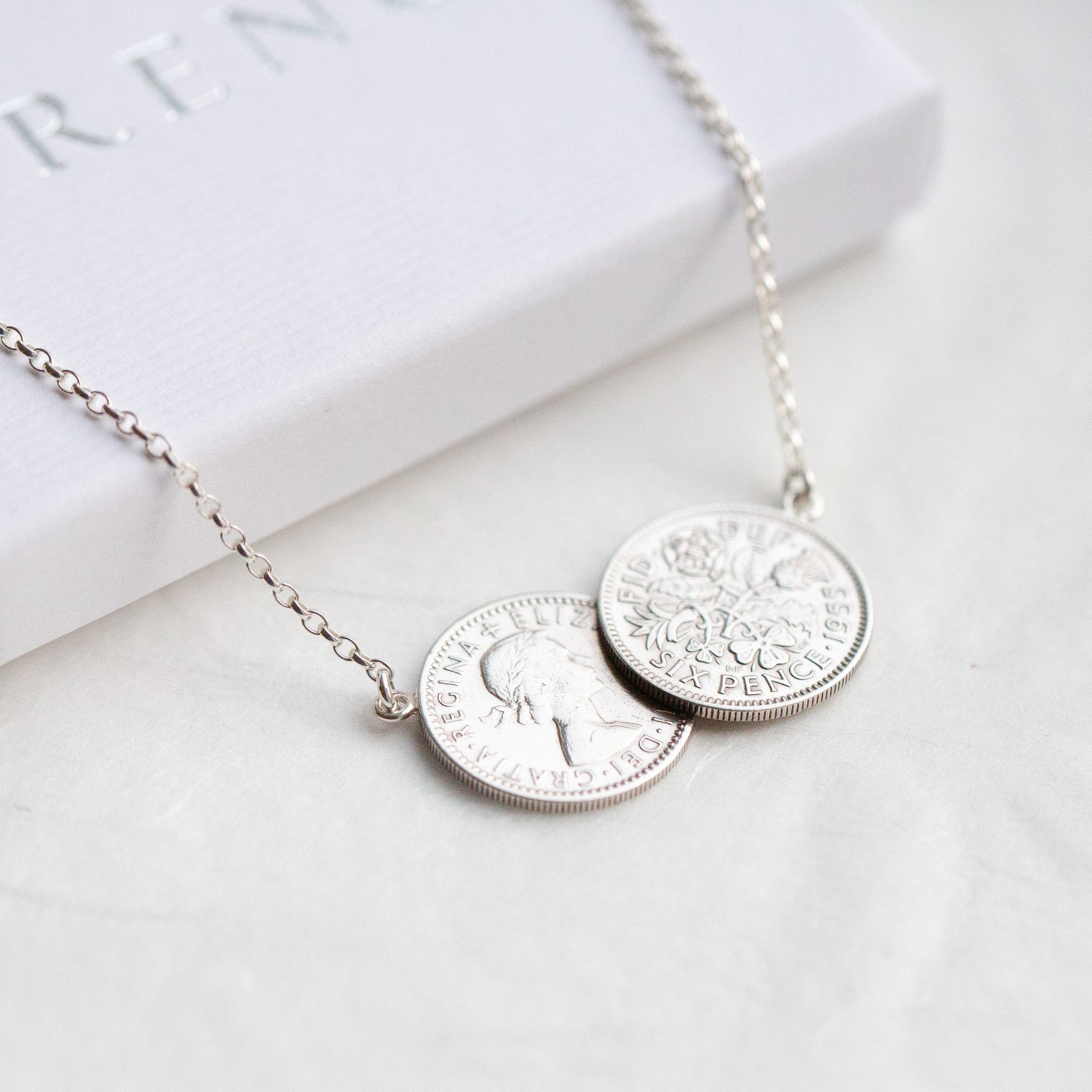 Double sixpence coin necklace, double pendant, 1955, 70th birthday gift