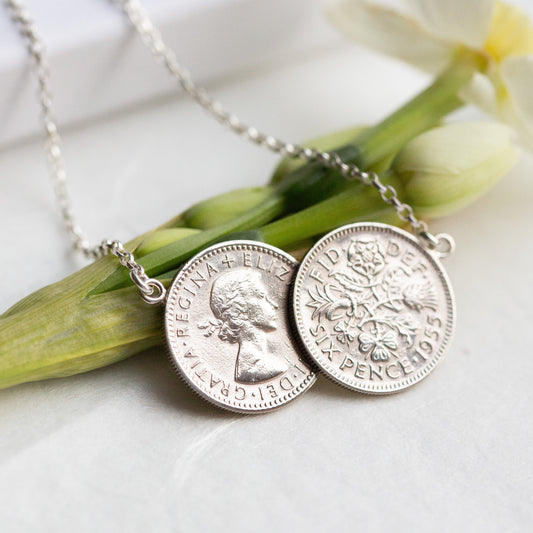 70th birthday gift for women, silver coin necklace with double coins.