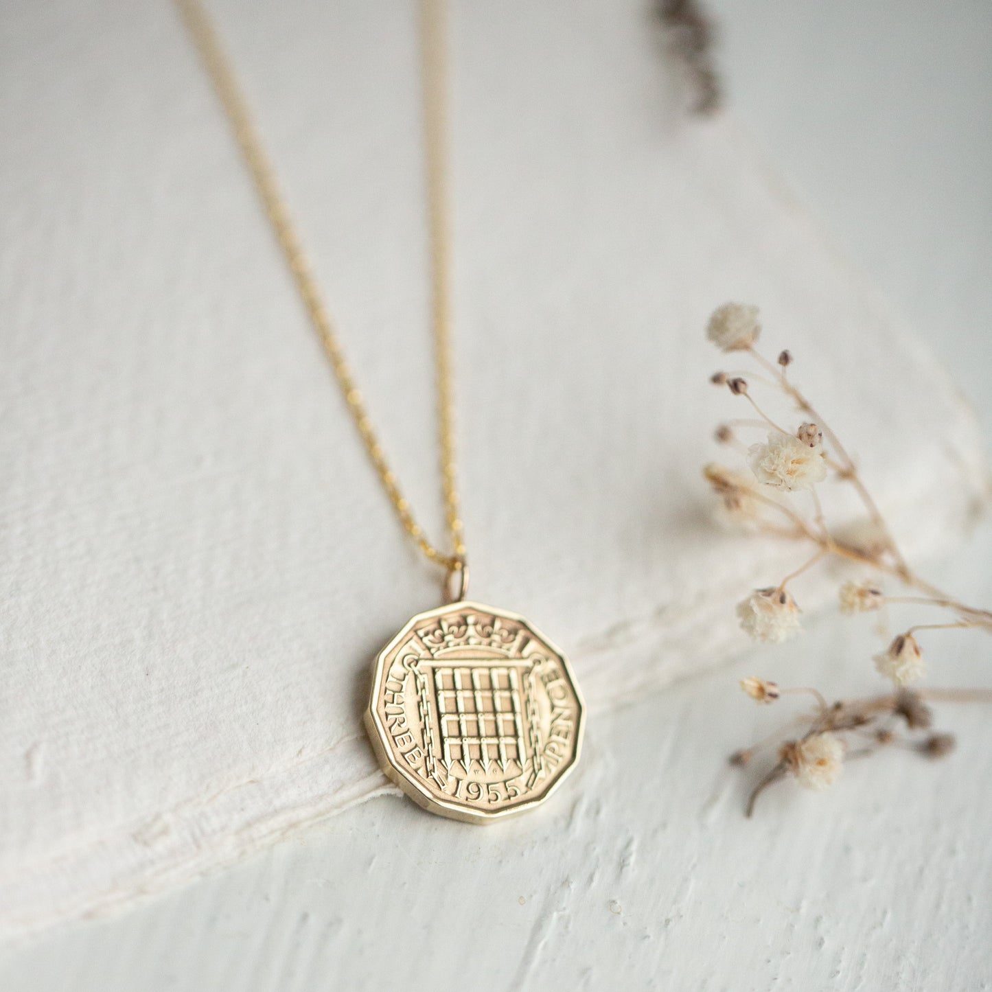 Gold coin pendant with brass and 9ct gold necklace with Tudor Gates and Queen Elizabeth II. Gifts for her, gifts for him 1955. 70th. 