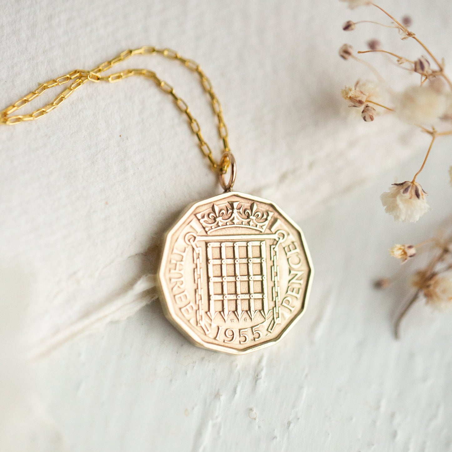 Gold coin necklace, coin jewellery gift for her 70th, coin pendant, gold chain, 1955 date. 