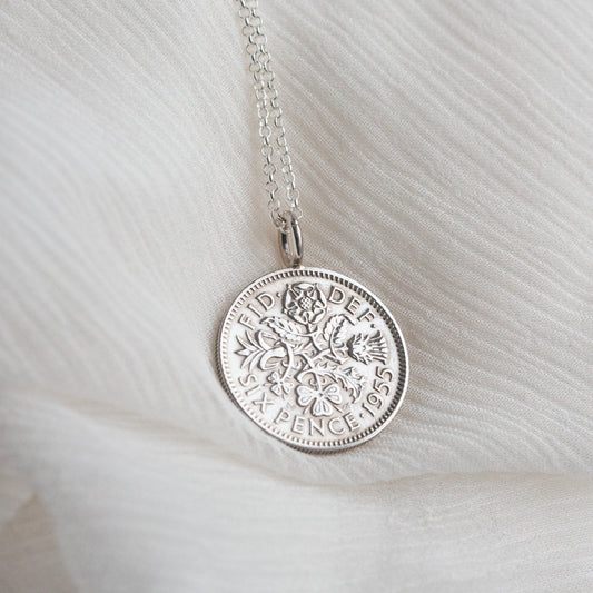 70th birthday sixpence coin necklace, British heirloom coin pendant with 1955 sixpence.