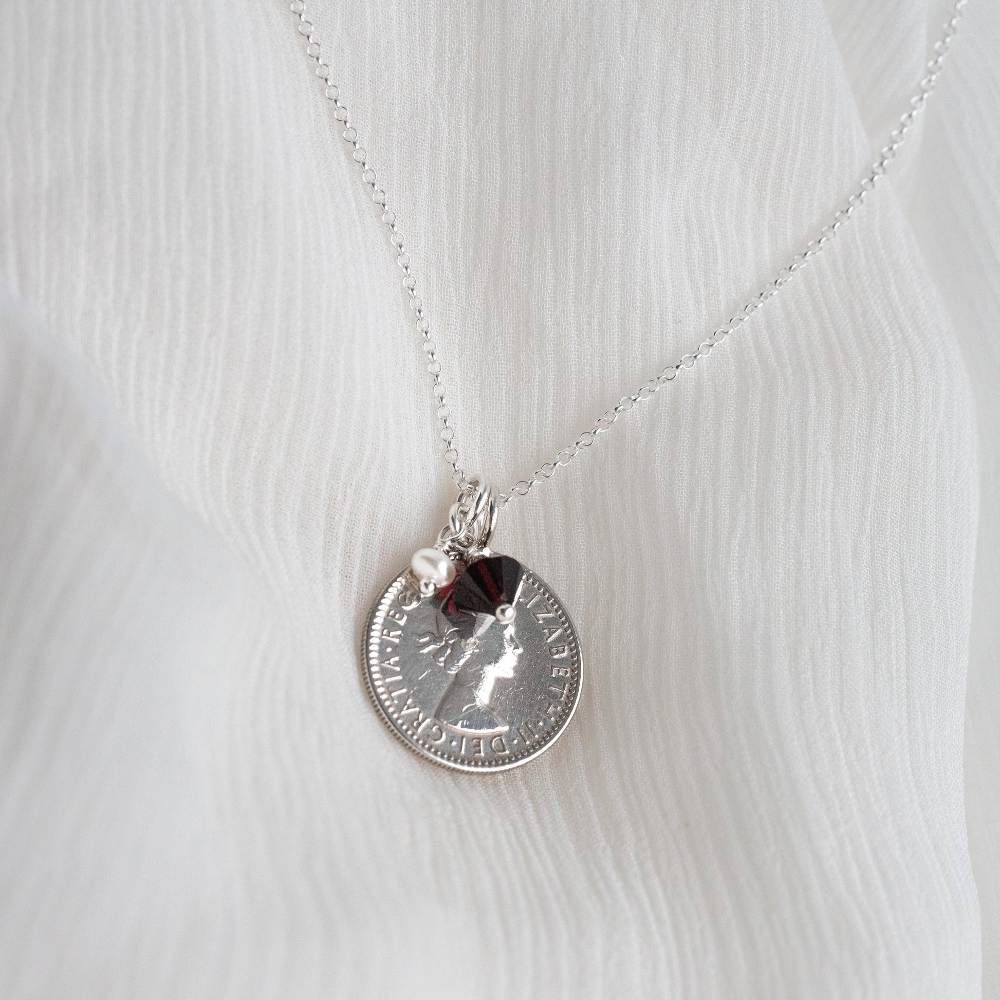 1955 dated British silver sixpence coin pendant and January birthstone with freshwater pearl and 925 chain