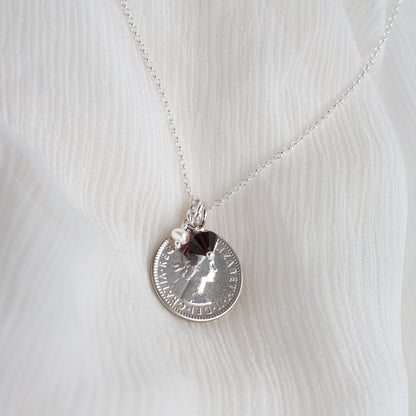 1955 dated British silver sixpence coin pendant and January birthstone with freshwater pearl and 925 chain