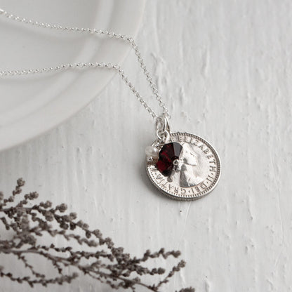 1955 dated British silver sixpence coin pendant and January birthstone with freshwater pearl and 925 chain