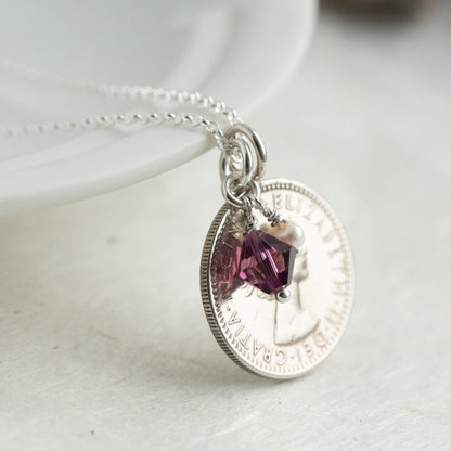1955 Queen Elizabeth II sixpence pendant with February birthstone charm necklace.