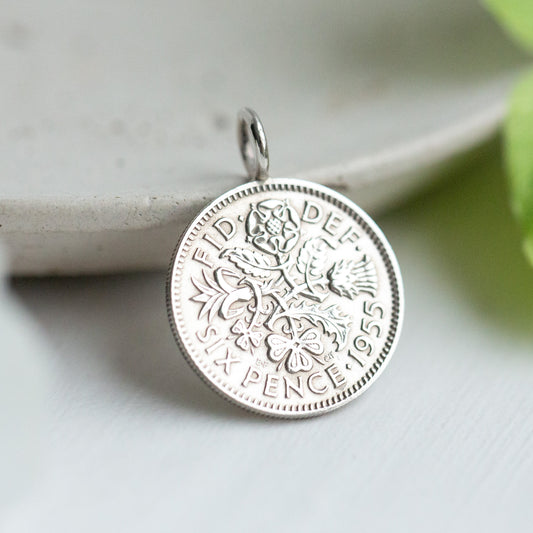 silver coin pendant, 1955 70th sixpence pendant for chain, bracelet or cord, gifts for women.