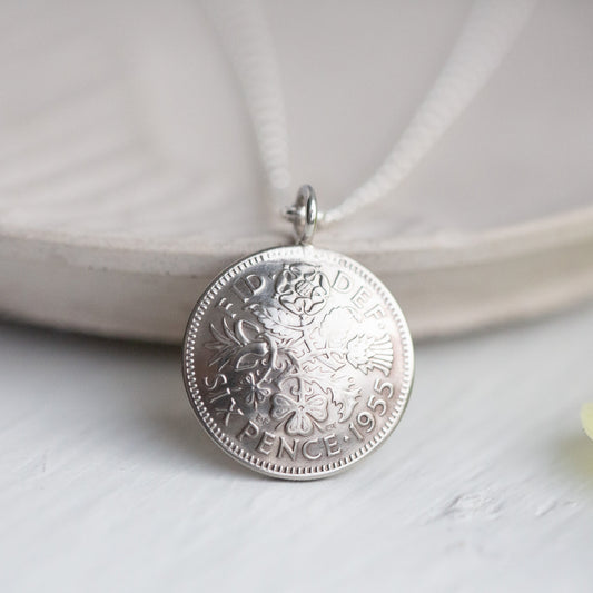 Silver coin necklace, coin jewellery gifts for her, lucky sixpence 1955 for a 70th birthday. 