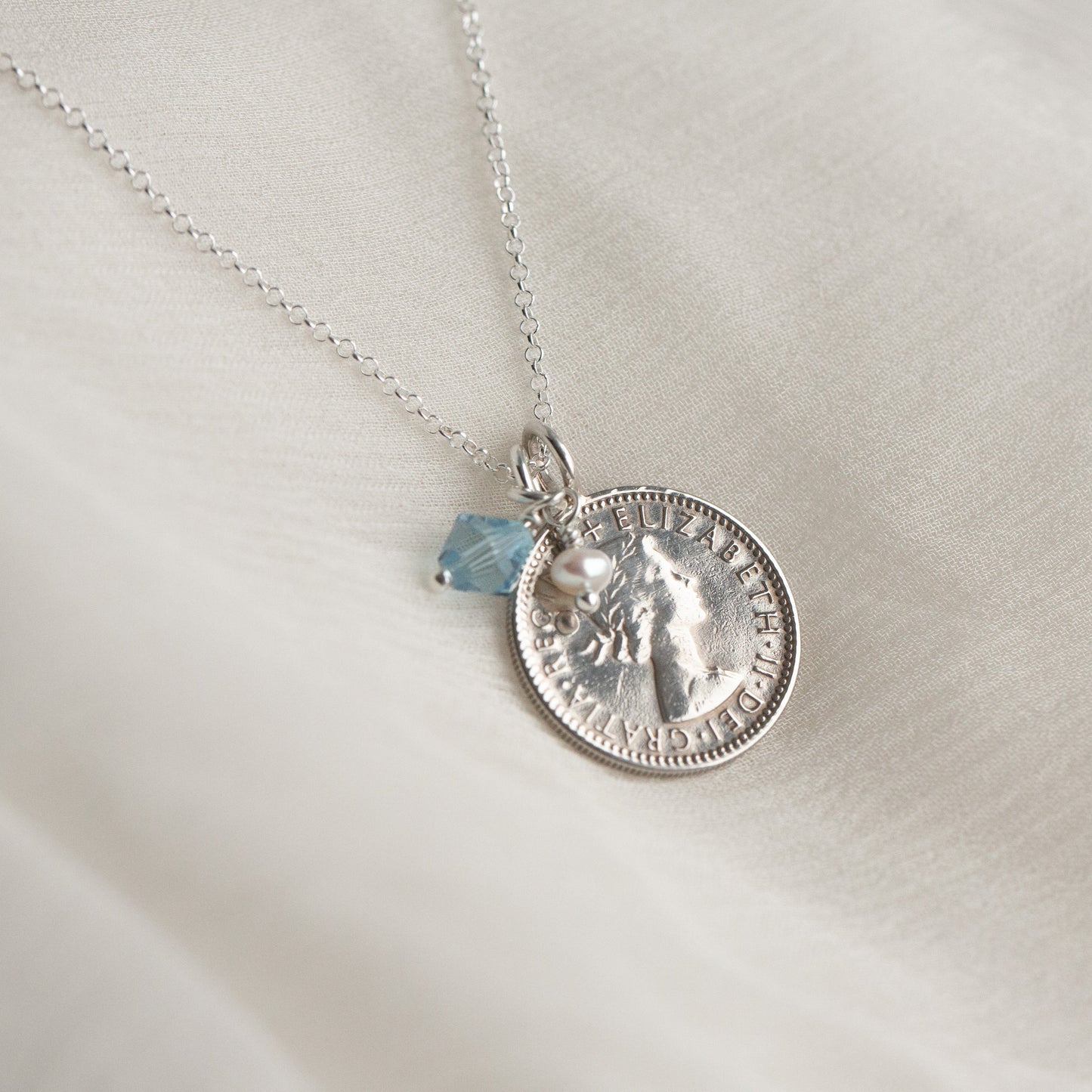 1955 real sixpence coin pendant, silver coin pendant gift for 70th birthday with March birthstone.  