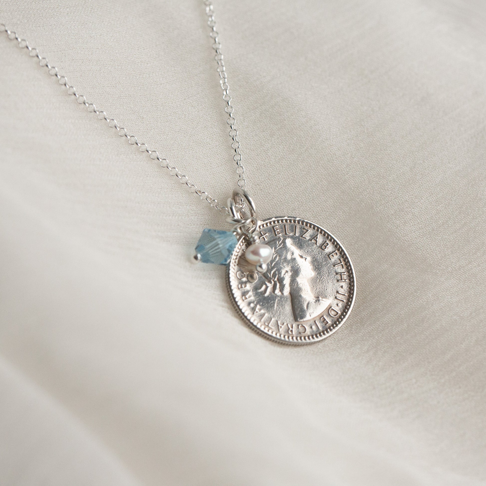 1955 real sixpence coin pendant, silver coin pendant gift for 70th birthday with March birthstone.  