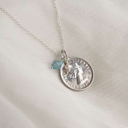1955 real sixpence coin pendant, silver coin pendant gift for 70th birthday with March birthstone.  