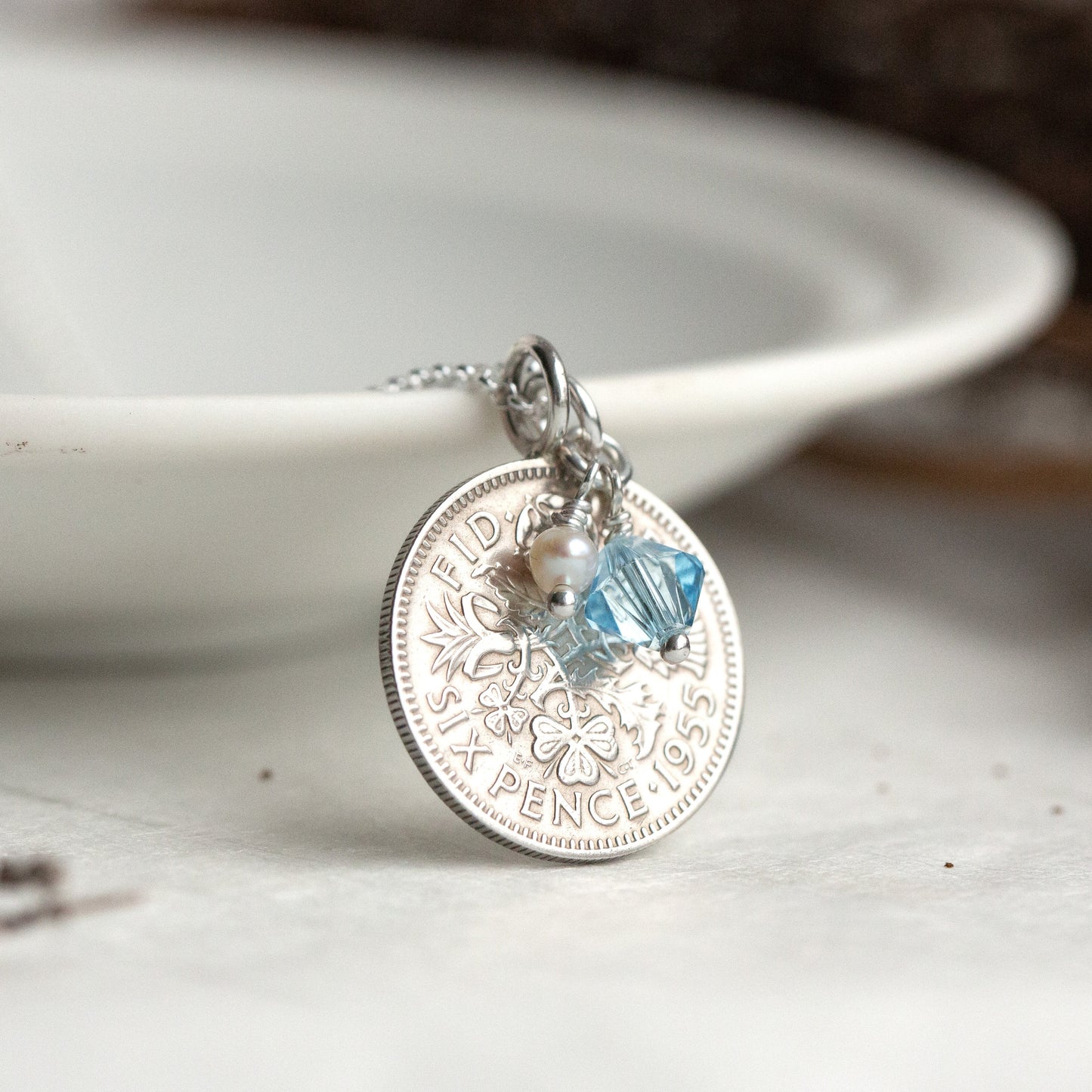 1955 real British sixpence coin pendant, a lucky coin gift, with March birthstone. 